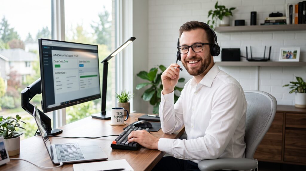 Young professional in white shirt provides IT support from home office.